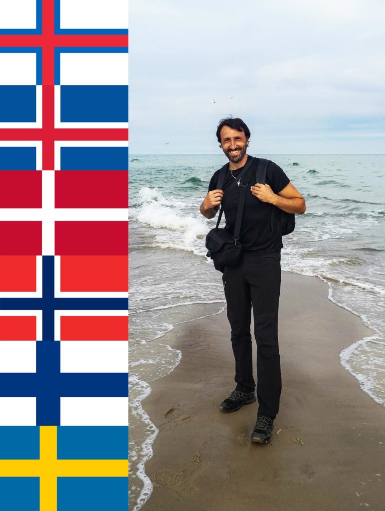 Matthieu Berthou au bout du Danemark avec les drapeaux de ses pays scandinaves les plus visités