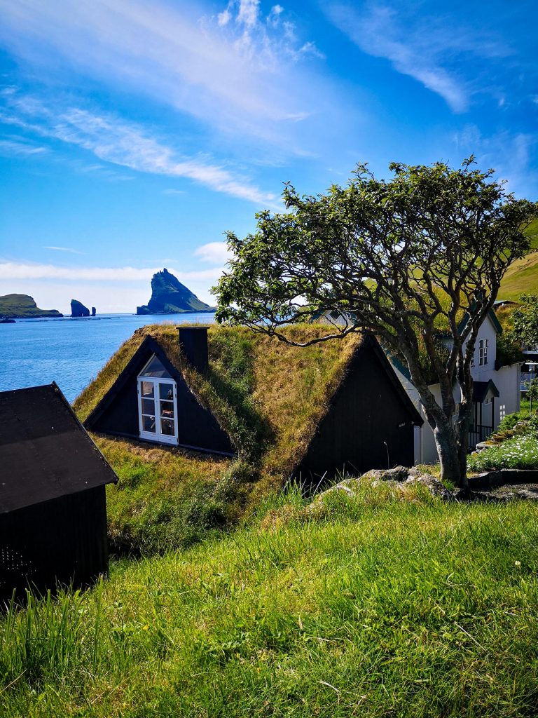 Maison avec des herbes sur le toit à Bour aux îles Féroés