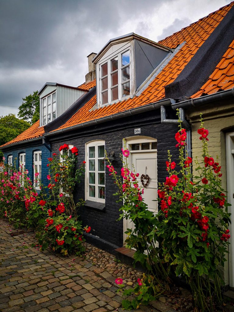 Maisons avec des briques de couleurs noires, jaunes ou bleue et des tuiles oranges en guise de toit dans un village au Danemark